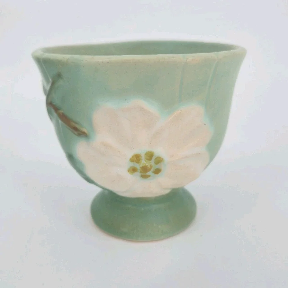 Vintage Weller Pottery Dogwood Flower Aqua Green Footed Vase Planter 4 In. Deco